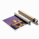 Extra large rolled print of London scenery with floral accents in soft color tones, ideal for classy bathroom wall art.