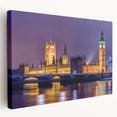 Large art print of London skyline in muted gray and blue tones on stretched canvas, ideal for kitchen wall art.