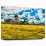 Large abstract wall art of a European cityscape in muted gray and blue tones on acrylic glass.