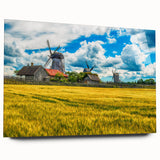 Large abstract wall art of a European scenery in muted earth tones on acrylic glass, ideal for bedroom or dining room decor.