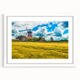 Textured abstract art print of a European scenery in muted earth tones on a framed white mat, ideal for bedroom art.