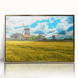 Art deco poster of European scenery in Estonia, featuring muted gold and blue tones on framed acrylic.