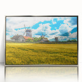 Large art print of a European Estonian scenery in mid-century modernist style, silver-framed acrylic.