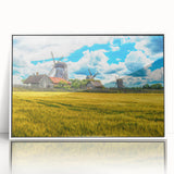 Mid-century modernist art depicting a European Estonian landscape in muted earth tones, framed acrylic.