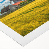 Art deco poster featuring a serene European scenery in muted greens and blues, ideal for dining room wall art.