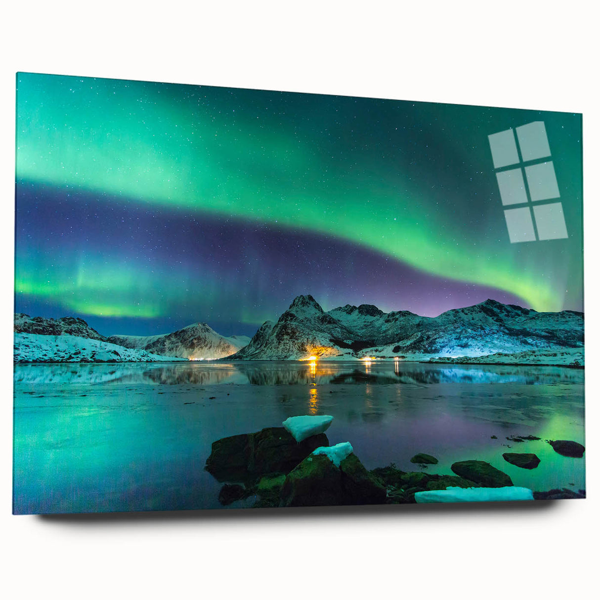 Large abstract wall art depicting a serene Finnish landscape in muted blues and grays on acrylic glass.