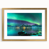 Abstract art print of a Finnish landscape in muted blues and greens, framed in gold, suitable for dining room decor.