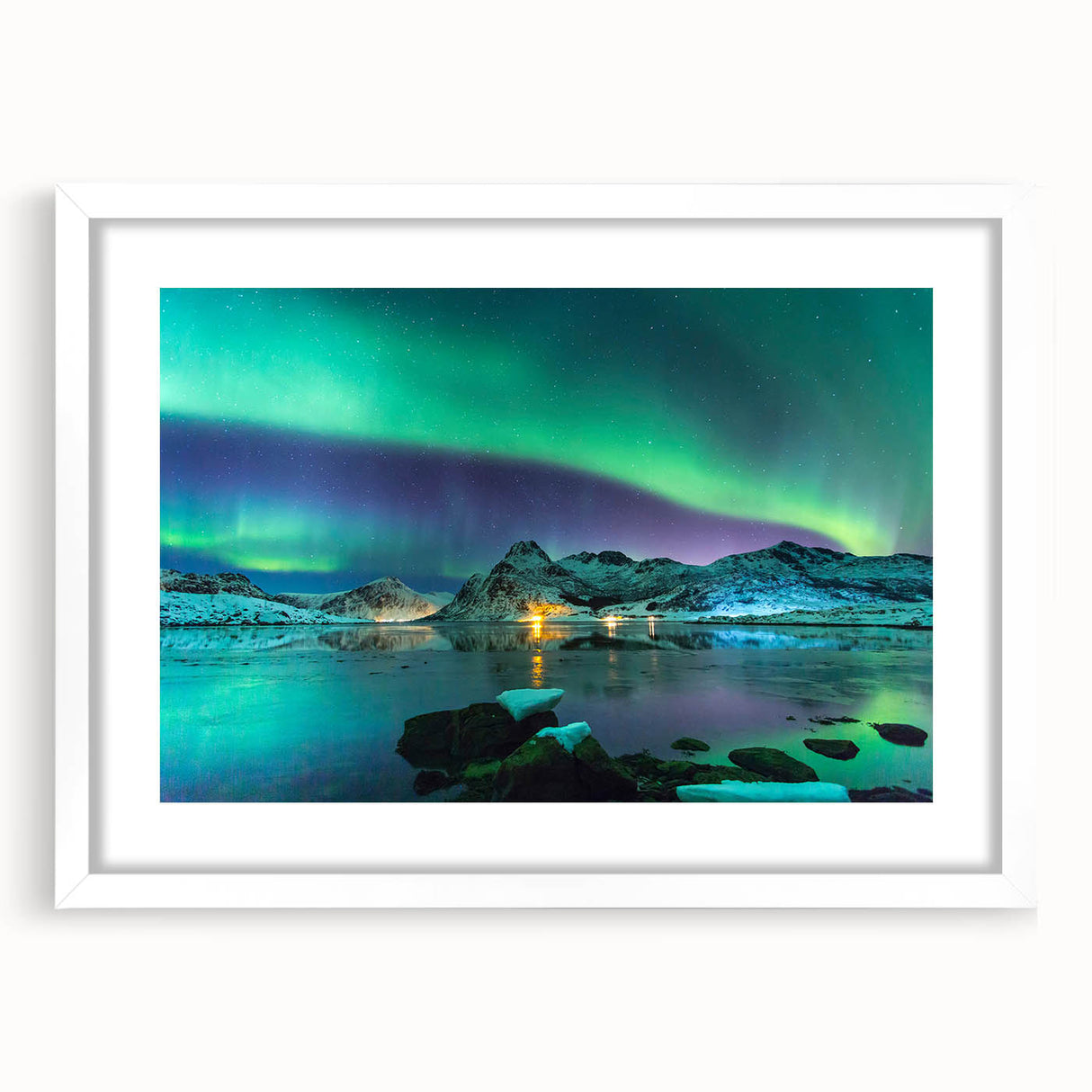 Textured abstract art print of a serene Finnish landscape in muted blue and gray tones on a framed white mat.