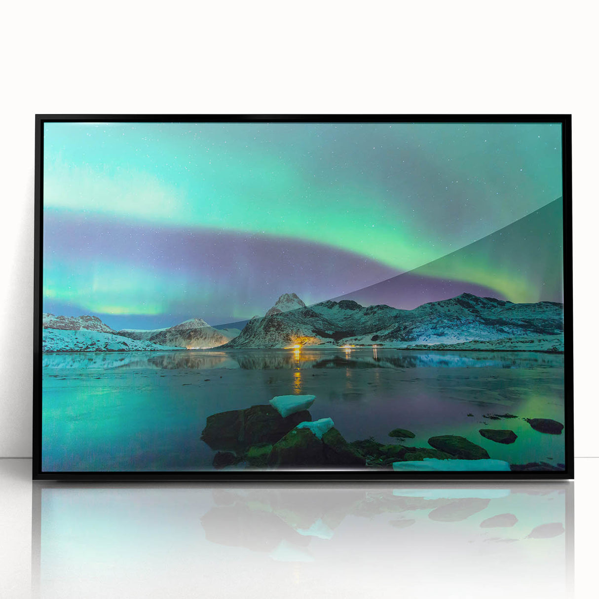 Large abstract wall art of a Finnish landscape in muted gray and blue tones, framed in black acrylic.