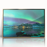 Art deco poster depicting a serene Finnish landscape in muted blues and greens on a gold-framed acrylic.