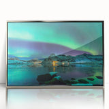 Large art print featuring a serene Finnish landscape in pastel shades, framed in silver acrylic.