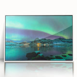 Mid-century modernist art depicting a serene Finnish landscape in muted blues and greens, framed acrylic.