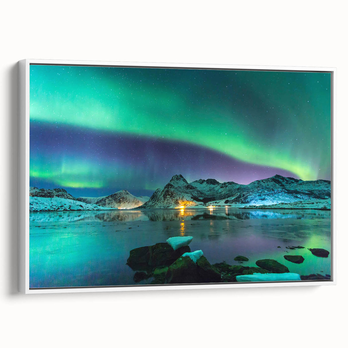 Vintage poster art of a scenic Finnish landscape on framed canvas, featuring vibrant colors, ideal for living room decor.