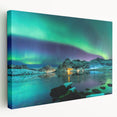 Large canvas print depicting a serene Finnish landscape in soft blue and green tones, suitable for kitchen wall art.