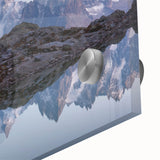 Large abstract wall art of the French Alps in muted earth tones on acrylic glass, ideal for dining room ambiance.