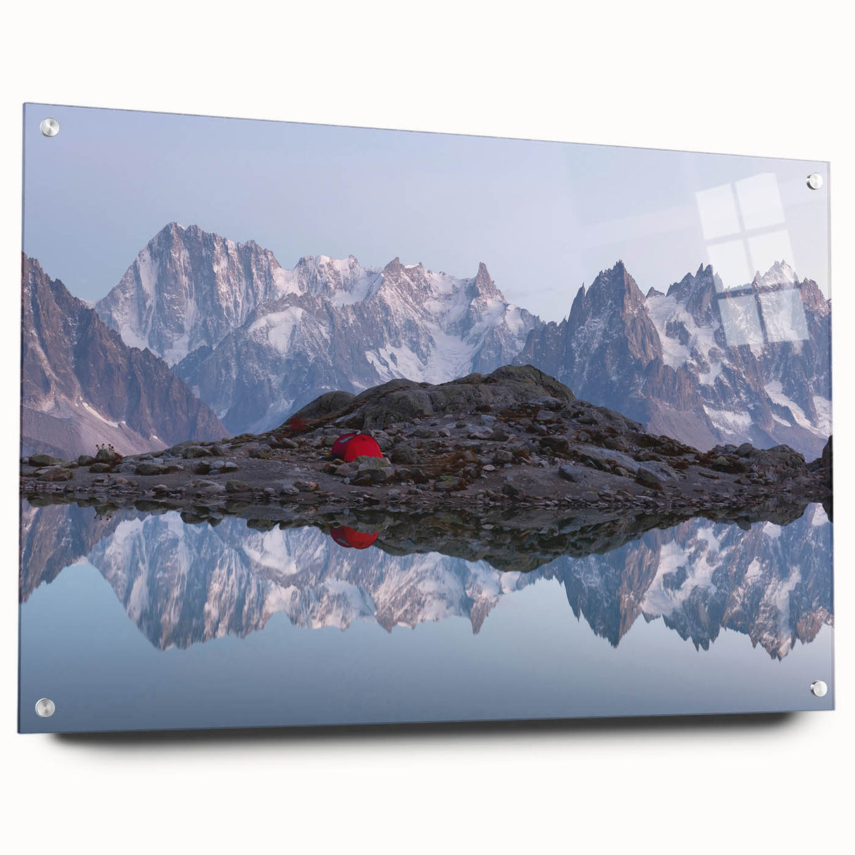 Acrylic print of the French Alps in muted blue and gray tones, ideal for dining room decor.