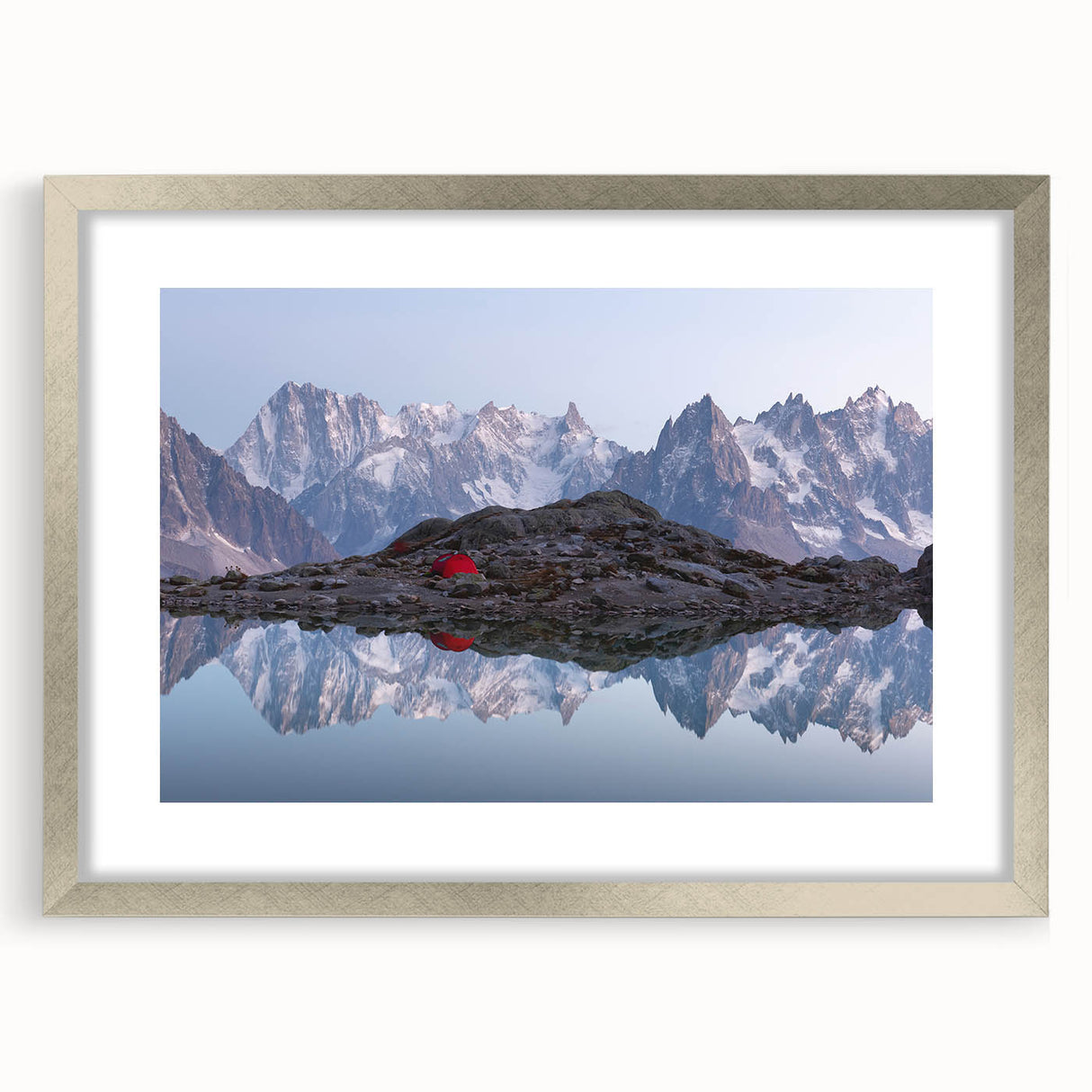 Extra large textured abstract art print of French Alps in a silver frame with mat, featuring muted earth tones.