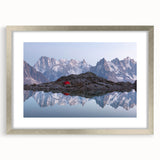 Extra large textured abstract art print of French Alps in a silver frame with mat, featuring muted earth tones.