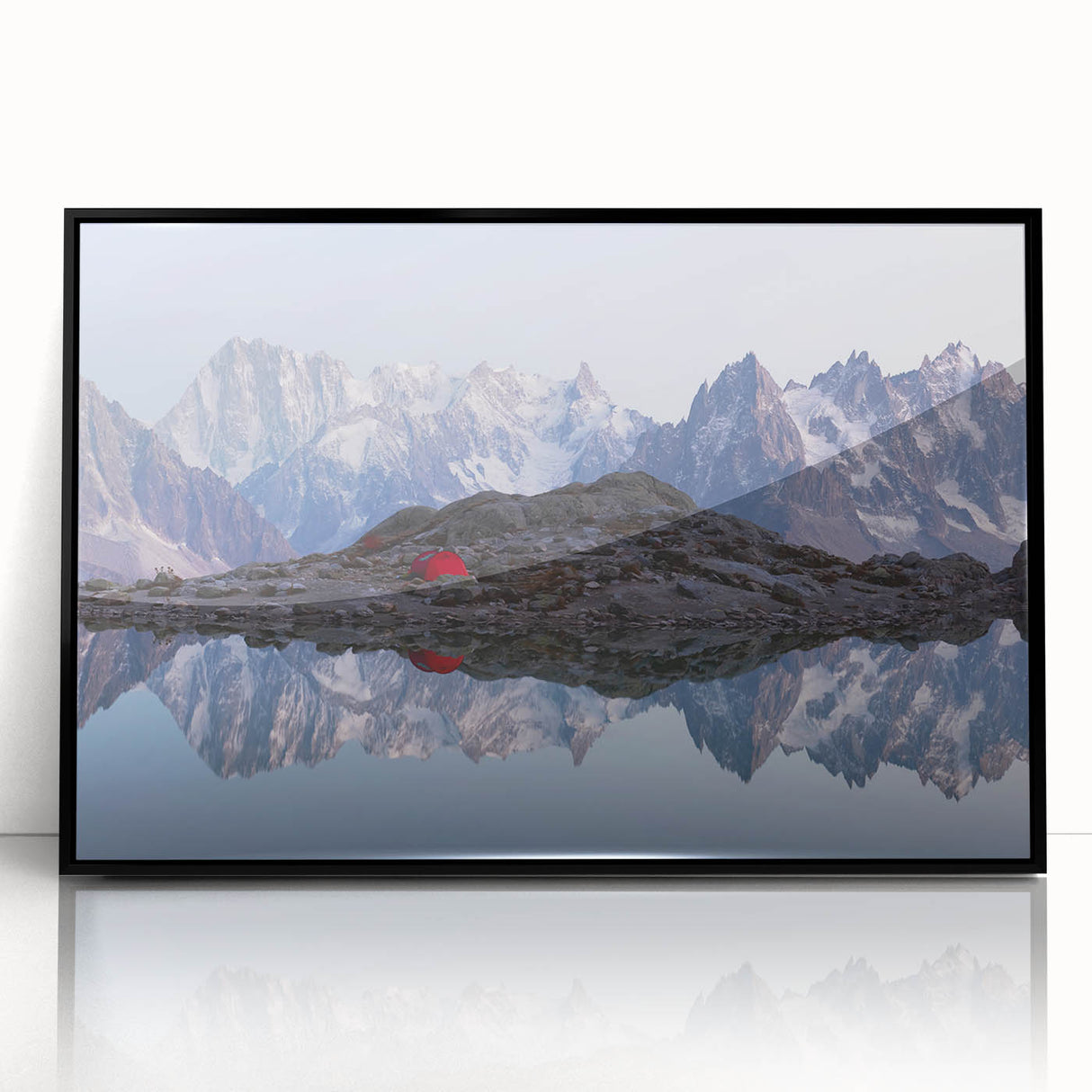 Large abstract wall art depicting the French Alps in muted gray and blue tones, acrylic print in a black frame.