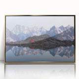 Art deco poster of the French Alps in muted blue tones on framed acrylic, suitable for modern art wall decor.