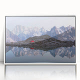 Mid-century modernist art depicting the French Alps in muted earth tones on a framed acrylic, ideal for nursery wall art.