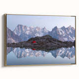 Framed canvas of a vintage landscape painting depicting the French Alps, with black and gold tones.