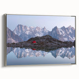 Landscape art painting of the French Alps in vibrant colors on a framed canvas, ideal for living room decor.