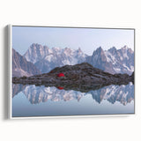 Vintage poster art of the French Alps in colorful tones on a large framed canvas, suitable for living room decor.