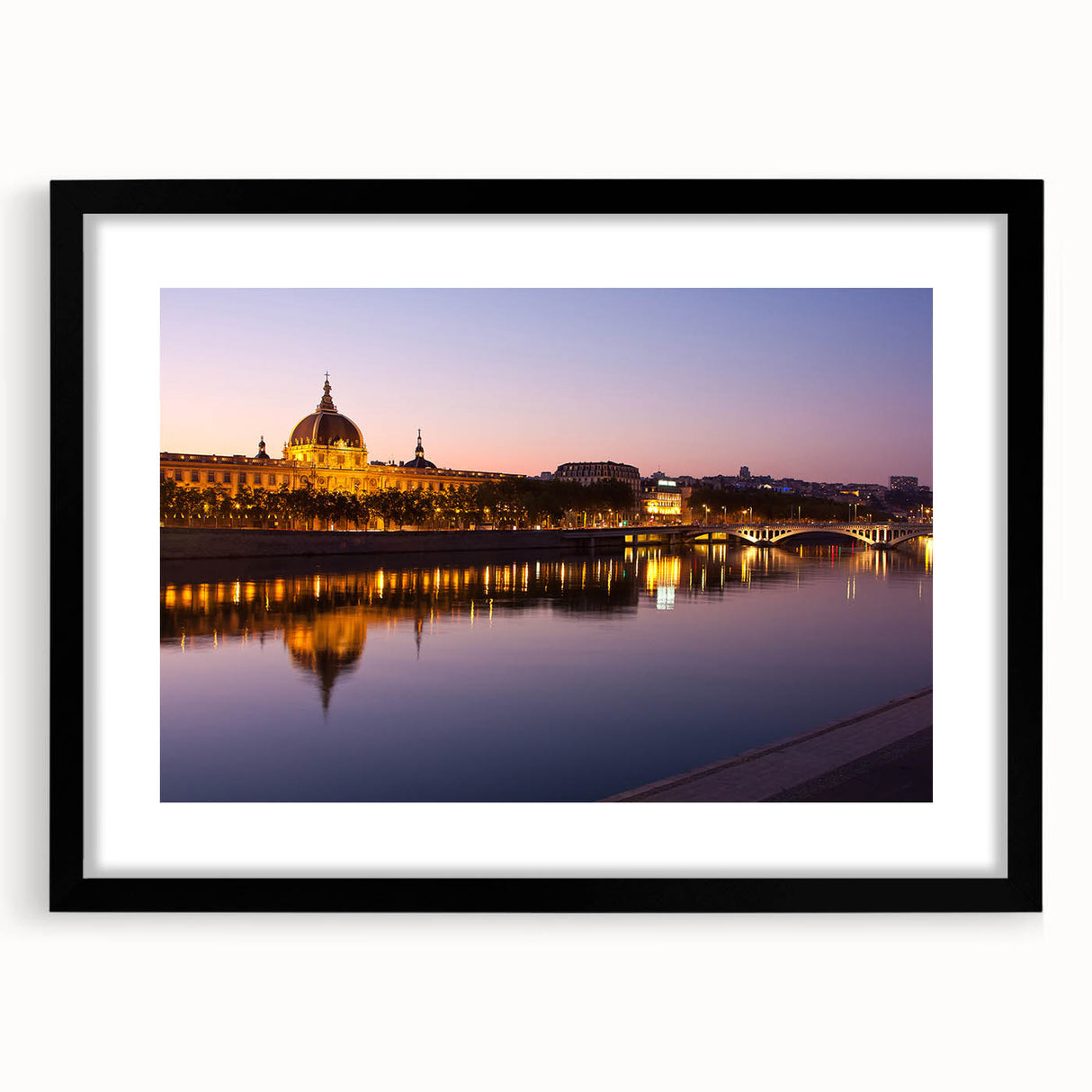Extra large abstract art print of colorful, textured Lyon scenery on a black-framed canvas, ideal for living room decor.