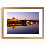 Abstract art print of Lyon, France in muted gold and blue tones on a framed mat, ideal for dining room decor.