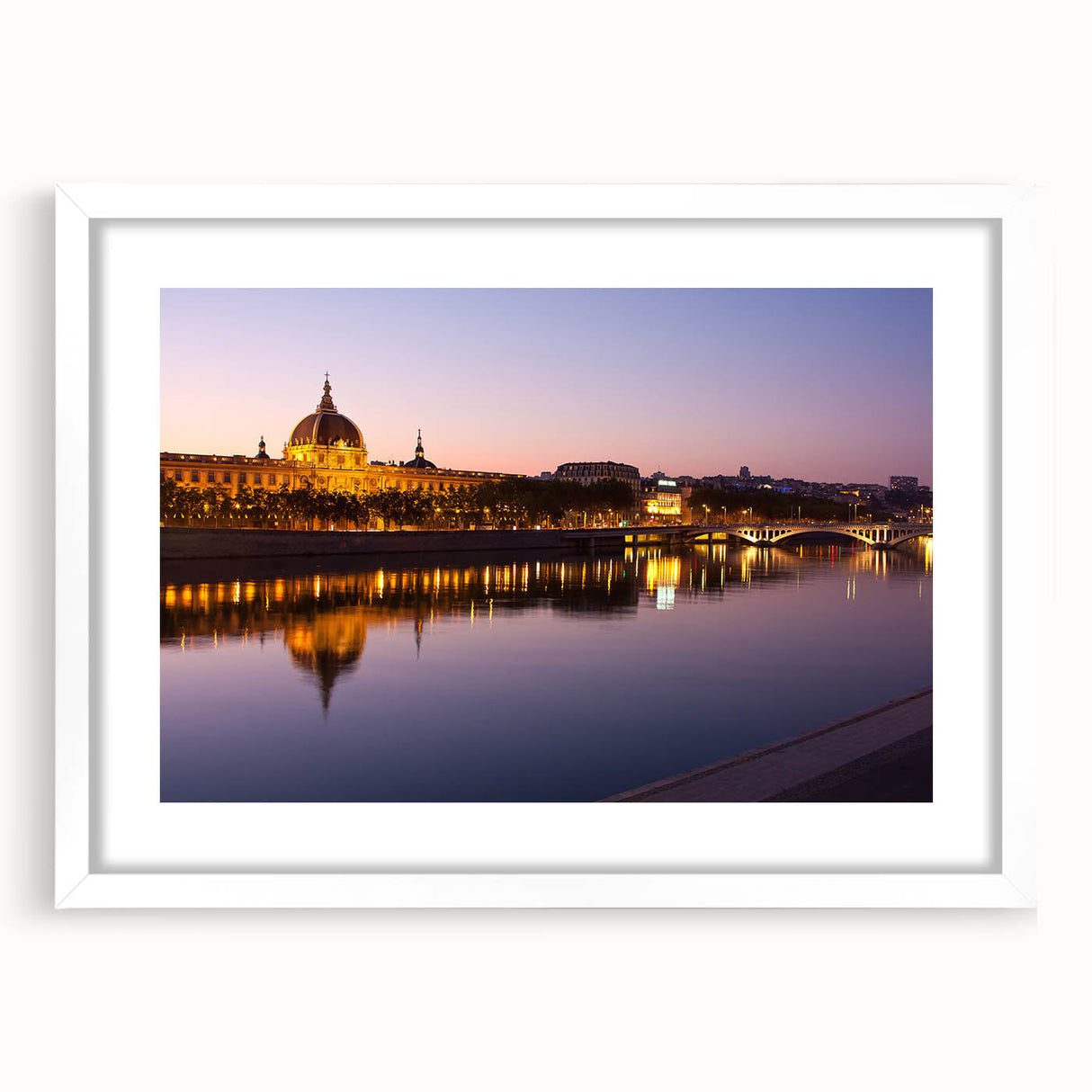 Textured art print of an abstract Lyon cityscape in muted earth tones, framed with a white mat, suitable for bedroom decor.