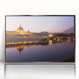 Large art print of Lyon, France in muted gray tones on a silver-framed acrylic, suitable for modern art wall decor.