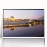 Mid-century modernist art of Lyon, France in muted gray and blue tones on framed acrylic, ideal for nursery wall art.