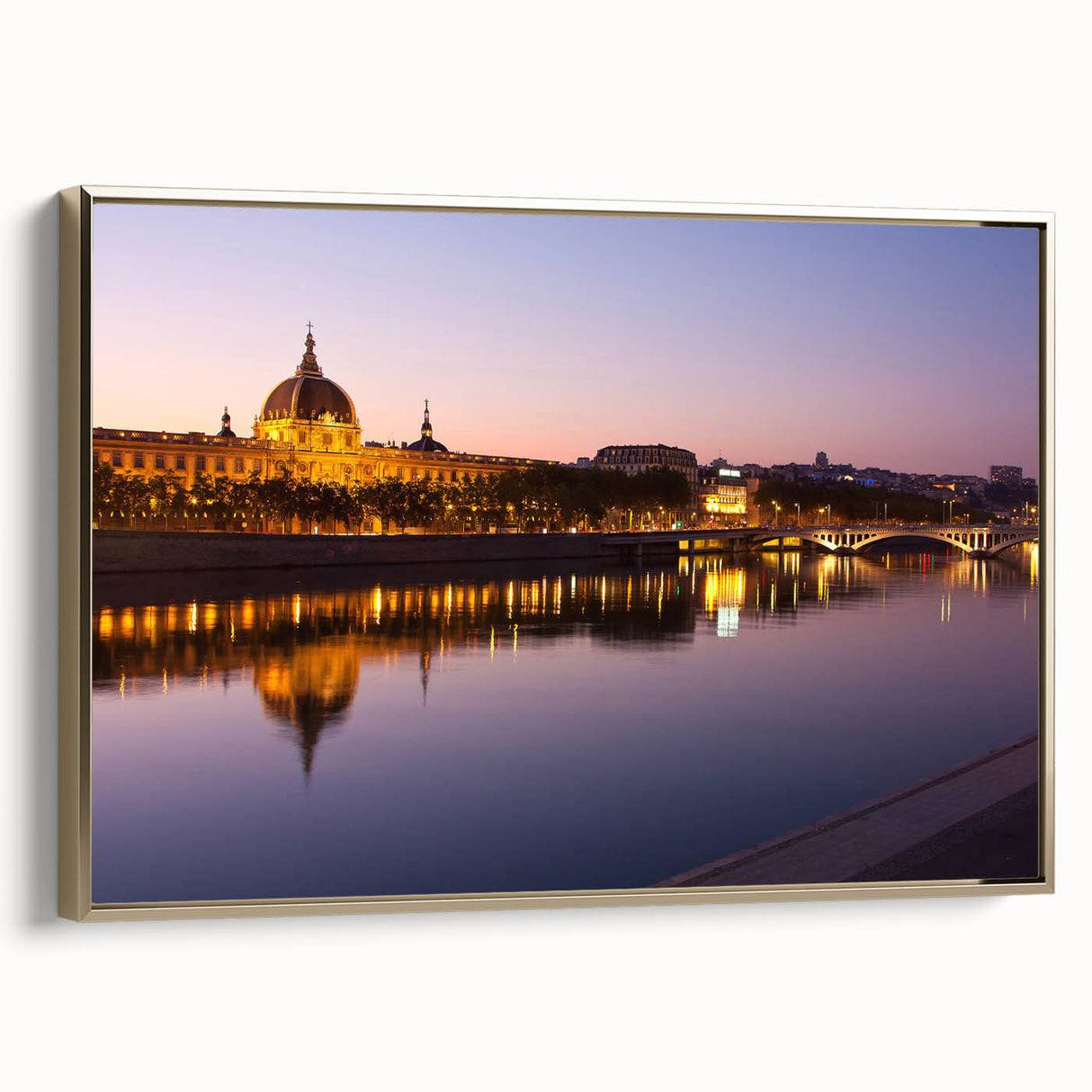 Framed canvas depicting a vintage-style landscape of Lyon, France, in black and gold tones, ideal for bedroom wall art.