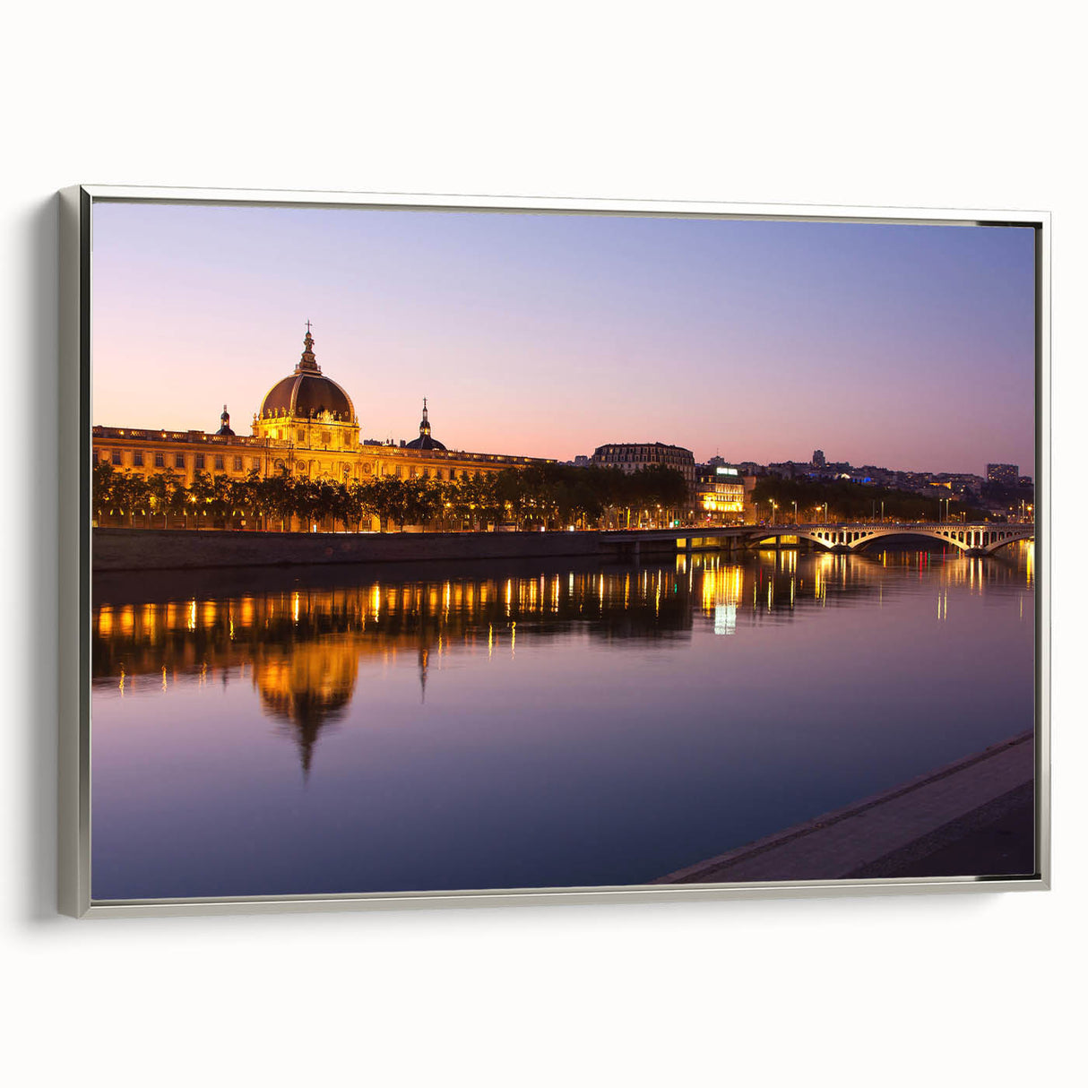 Landscape art painting of Lyon featuring colorful buildings and a river on framed canvas, ideal for living room decor.