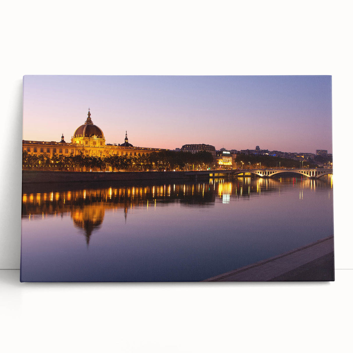 Black and white large art print of Lyon scenery on stretched canvas, ideal for kitchen wall art.