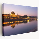 Large canvas print of Lyon cityscape in muted blues and grays, suitable for kitchen wall art.