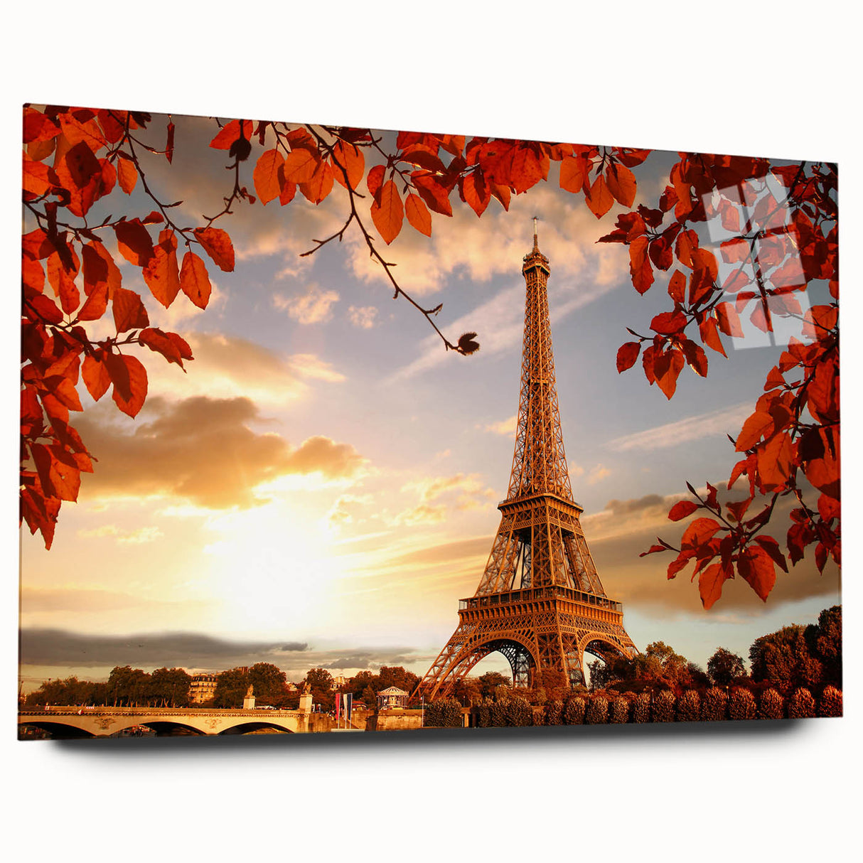 Large abstract wall art of Paris scenery in muted gray and blue tones on acrylic glass.