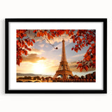 Colorful abstract art print depicting a textured Parisian scene in vibrant hues, framed in black.