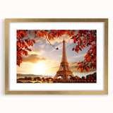 Abstract art print of Paris scenery in muted gold tones, framed with a mat, ideal for dining room decor.