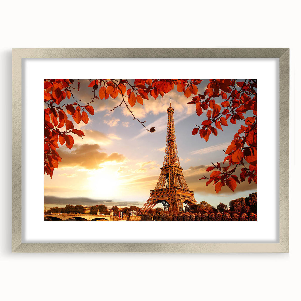 Extra large abstract art print of Paris scenery in muted gray and silver frame, ideal for living room wall decor.