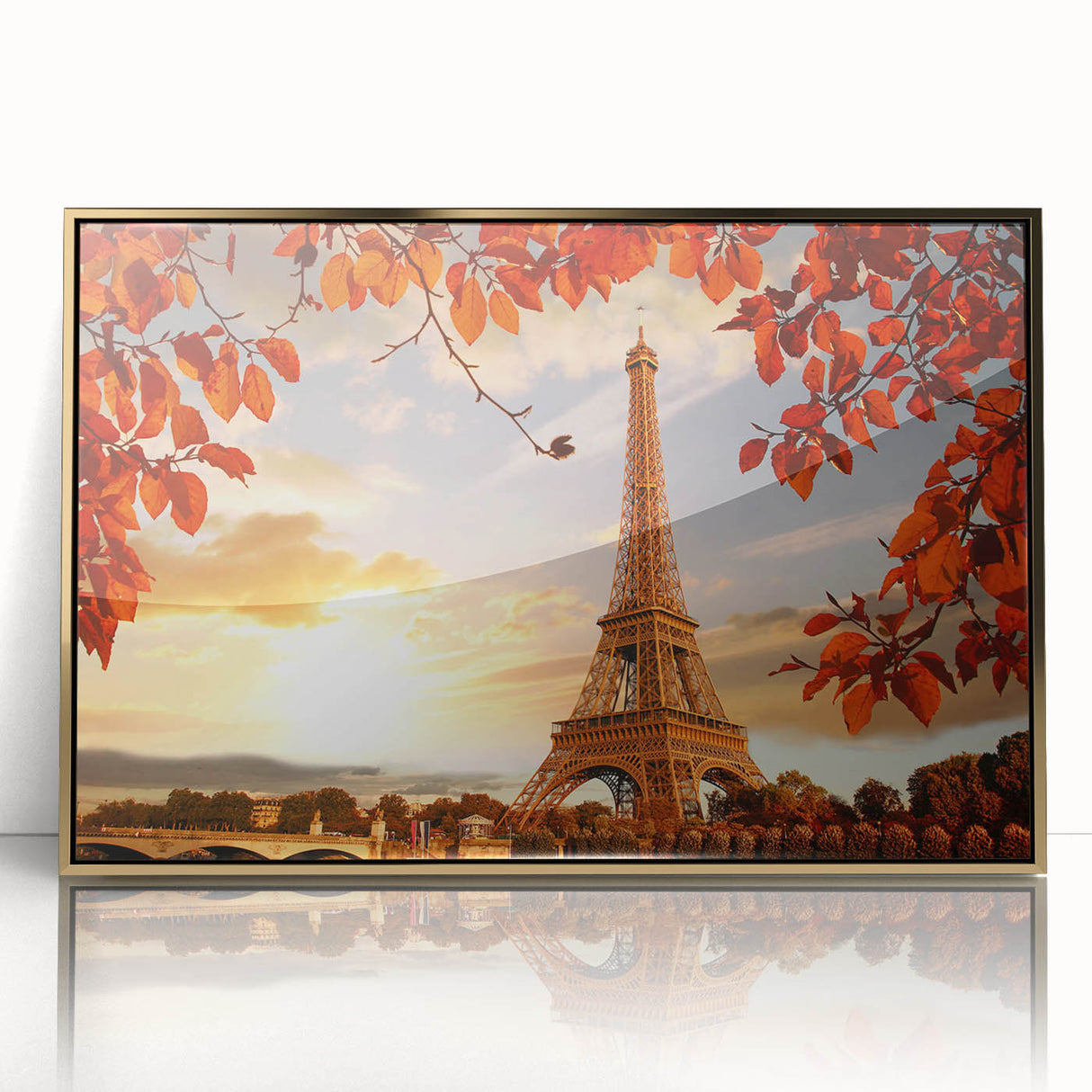 Art deco poster of Paris scenery in gold and black tones on framed acrylic, suitable for modern art wall decor.