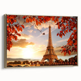 Framed canvas of a vintage Paris landscape in black and gold tones, ideal for bedroom wall art.
