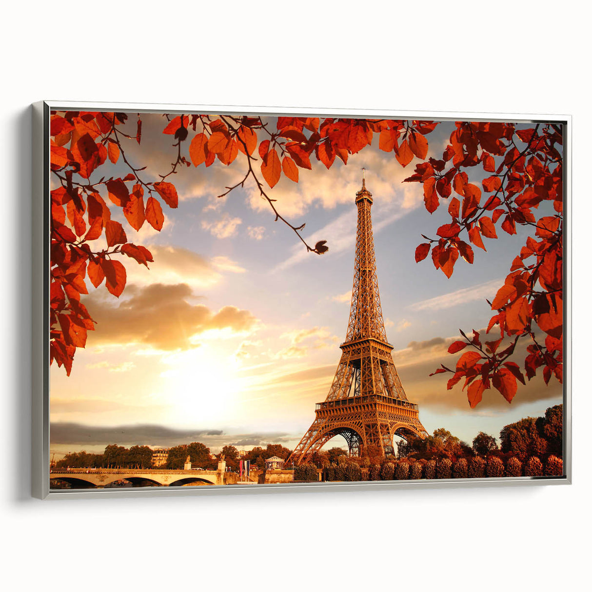 Landscape art painting of Paris with Eiffel Tower, in colorful and vintage poster style on framed canvas.