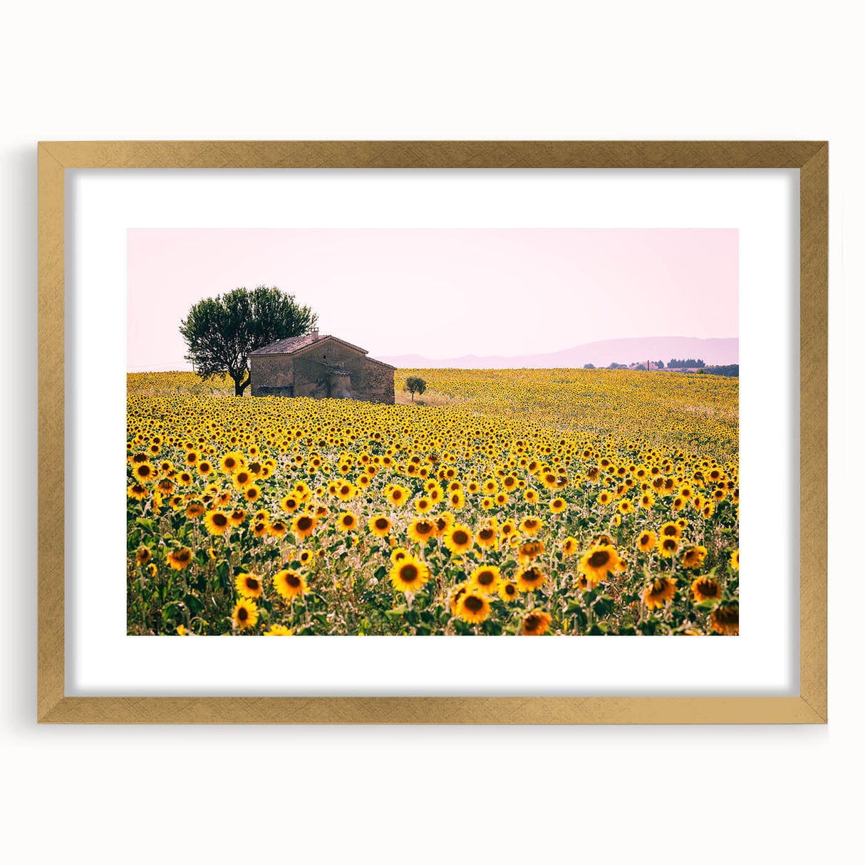 Abstract art print of a Provence landscape in muted earth tones on a framed canvas, ideal for dining room decor.