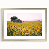 Extra large abstract art print of a Provence scenery in textured style with muted earth tones, framed in silver.