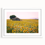 Textured art of a Provence landscape in muted earth tones on a framed white mat, ideal for bedroom art.