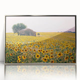 Art deco poster of a Provence landscape in muted pastel colors, framed in silver acrylic, suitable for modern nursery decor.