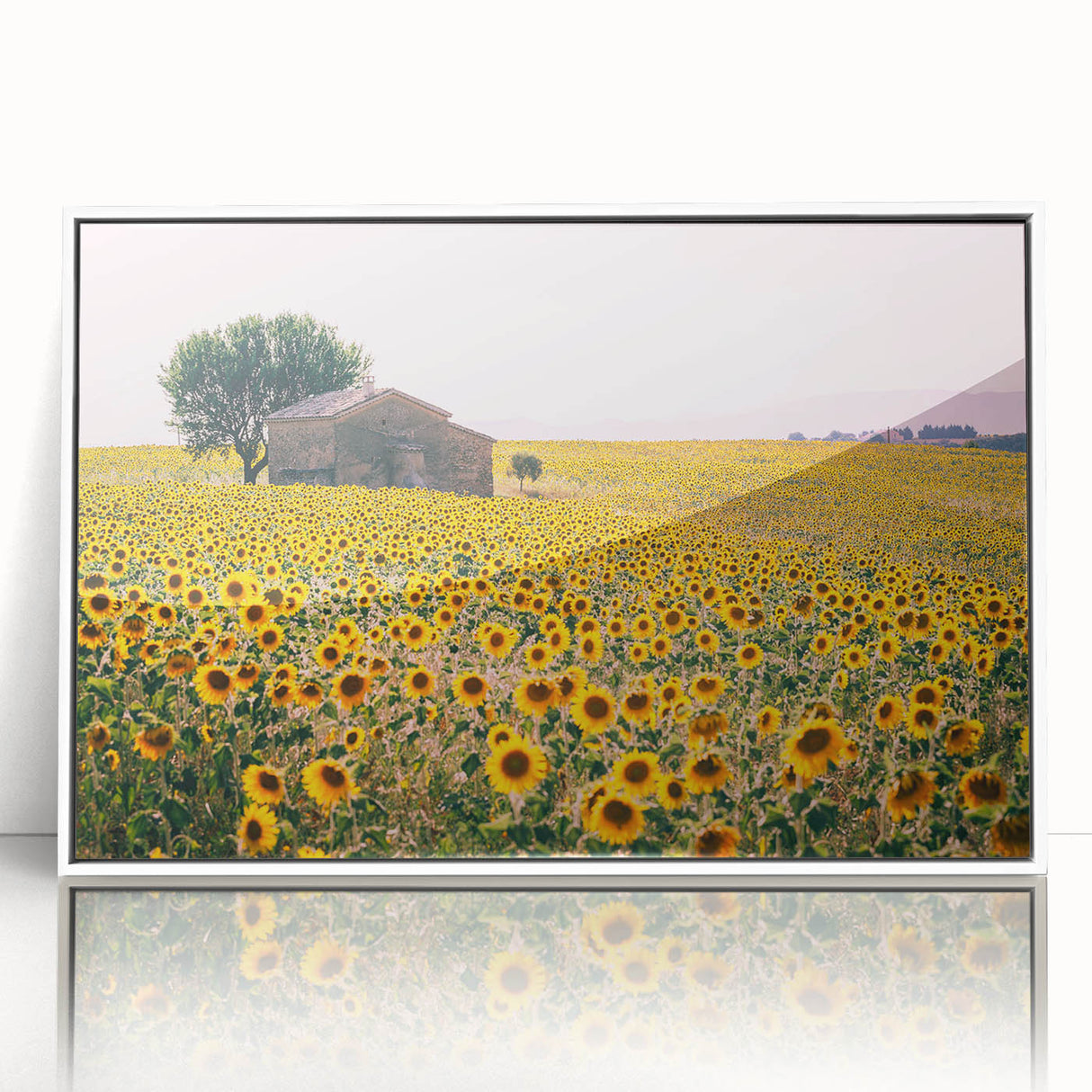 Acrylic print of a Provence landscape in muted earth tones, framed in white, suitable for modern art wall decor.