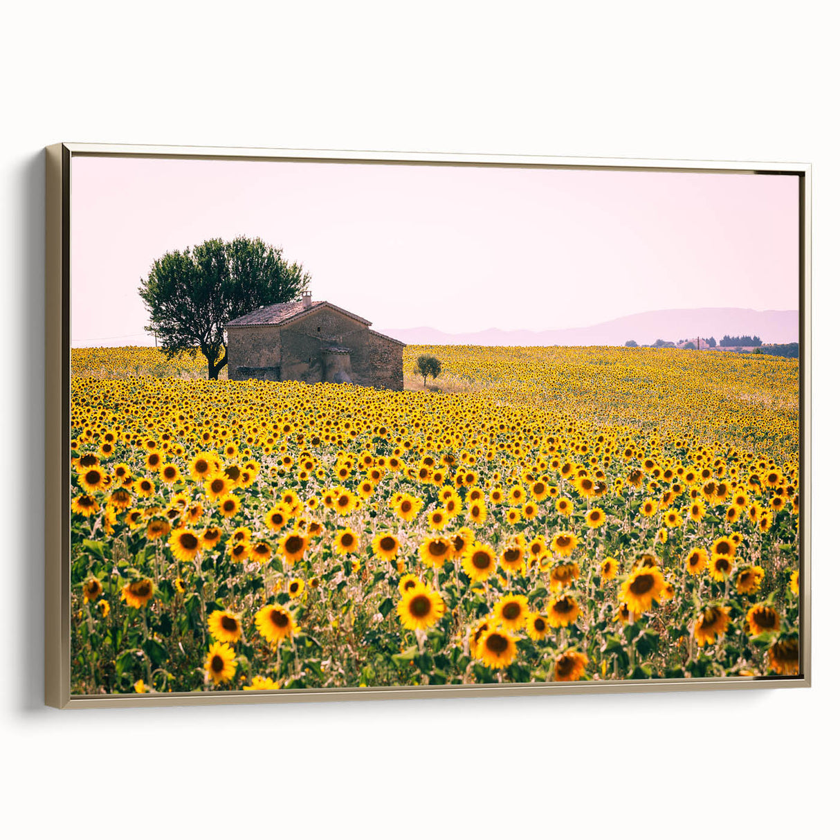 Landscape painting of Provence, France, with vibrant green and gold tones on a black framed canvas.